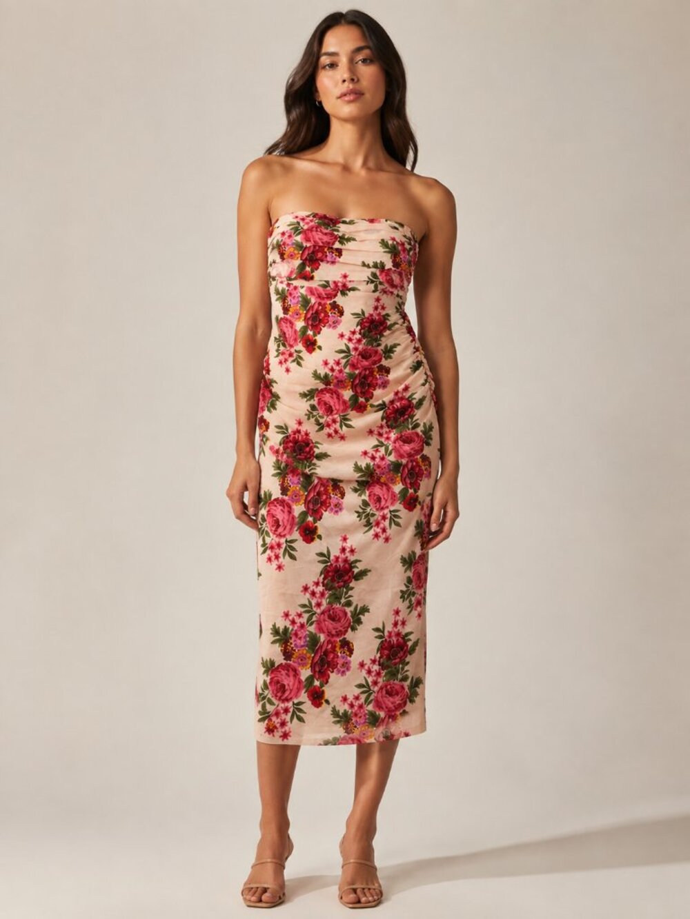 Anthropologie Floral Strapless Ruched Dress Pink XS 0747